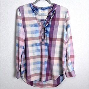 Anthropologie Isabella Sinclair Henley Ruffle Multicolor Plaid Top Women’s Small